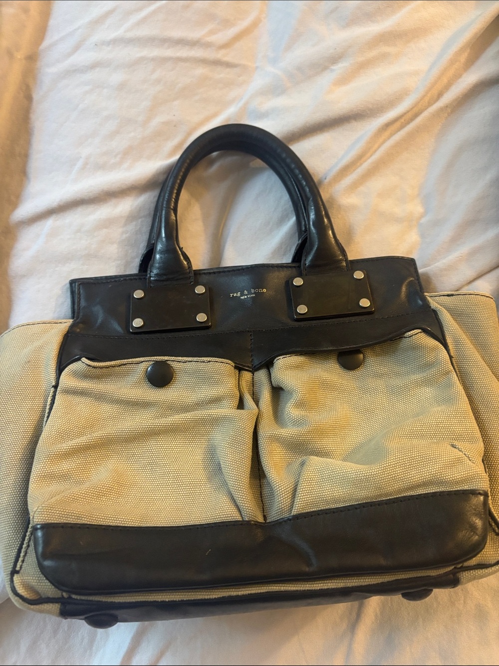 rag & bone Beige Canvas and Black Leather Satchel small pilot